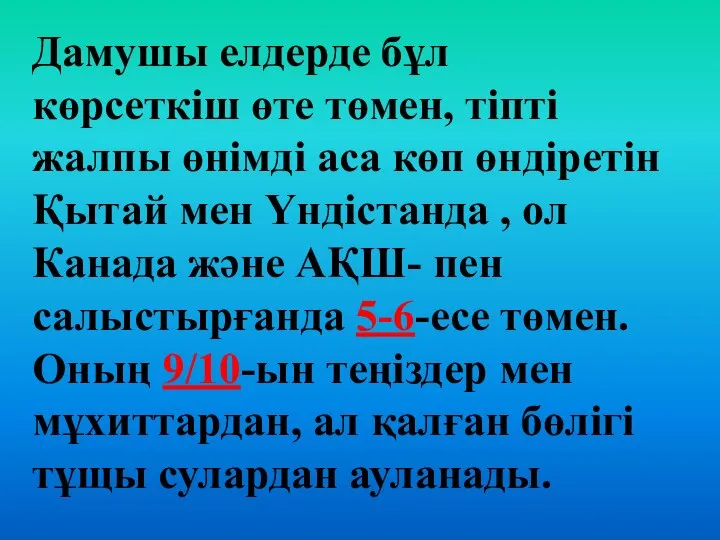 Дамушы елдерде бұл көрсеткіш өте төмен, тіпті жалпы өнімді аса көп өндіретін