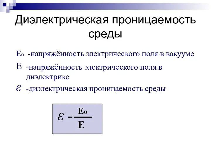 Диэлектрическая проницаемость среды ε Е Ео -напряжённость электрического поля в вакууме -напряжённость