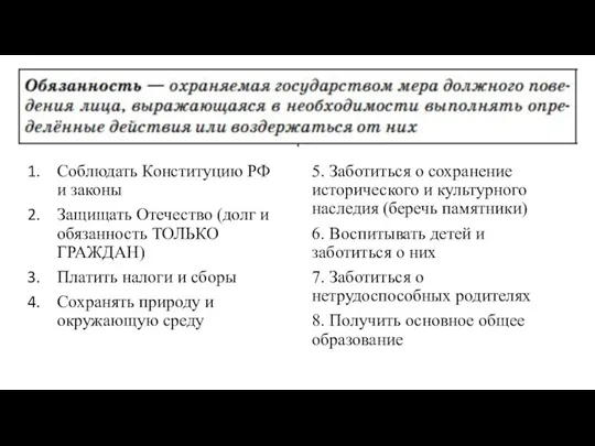 Соблюдать Конституцию РФ и законы Защищать Отечество (долг и обязанность ТОЛЬКО ГРАЖДАН)