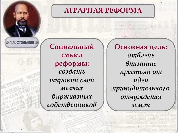 АГРАРНАЯ РЕФОРМА Социальный смысл реформы: создать широкий слой мелких буржуазных собственников Основная