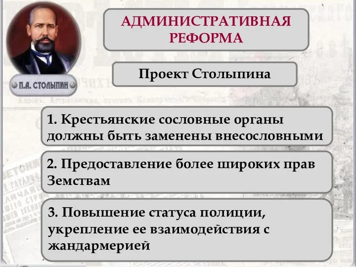 АДМИНИСТРАТИВНАЯ РЕФОРМА Проект Столыпина 1. Крестьянские сословные органы должны быть заменены внесословными