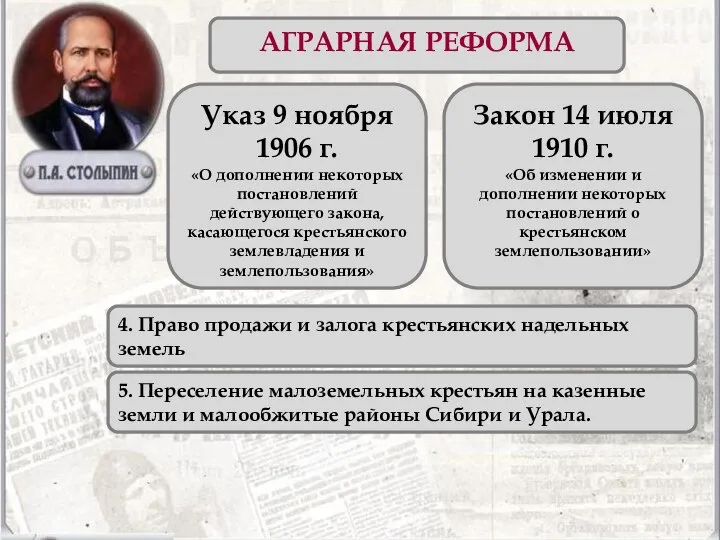 АГРАРНАЯ РЕФОРМА Указ 9 ноября 1906 г. «О дополнении некоторых постановлений действующего