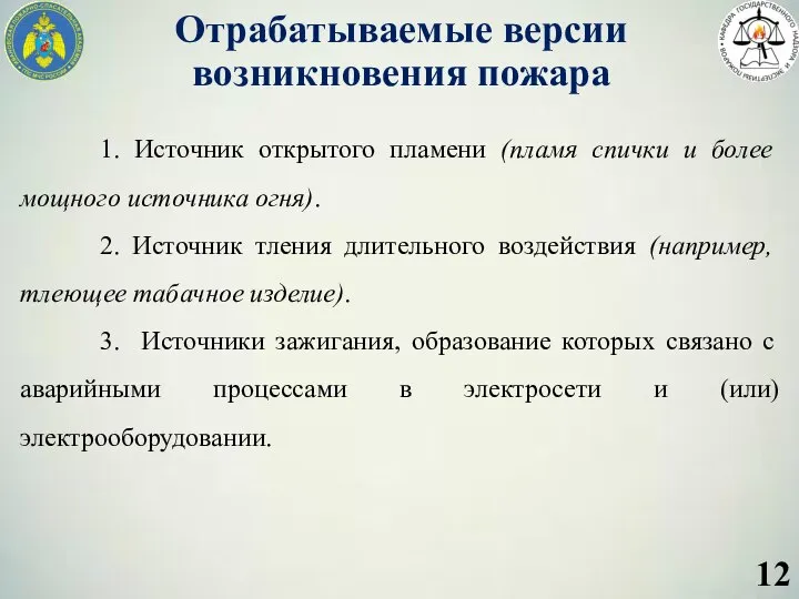 Отрабатываемые версии возникновения пожара 1. Источник открытого пламени (пламя спички и более