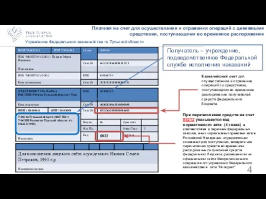 Платежи на счет для осуществления и отражения операций с денежными средствами, поступающими