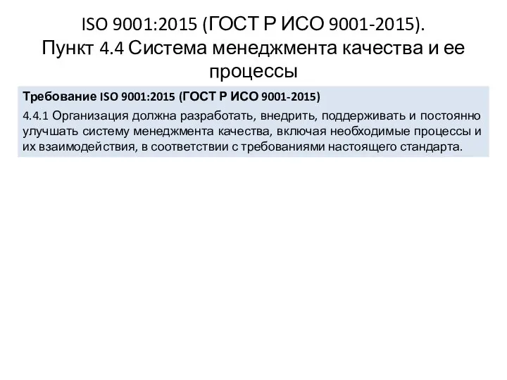 ISO 9001:2015 (ГОСТ Р ИСО 9001-2015). Пункт 4.4 Система менеджмента качества и