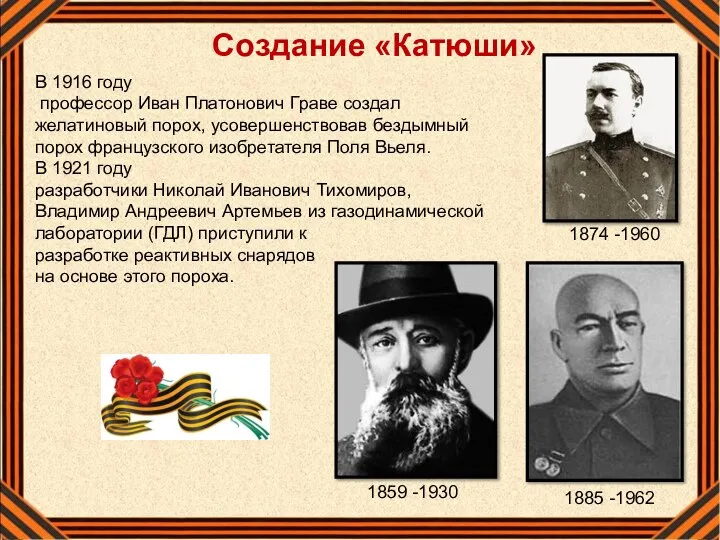 Создание «Катюши» В 1916 году профессор Иван Платонович Граве создал желатиновый порох,
