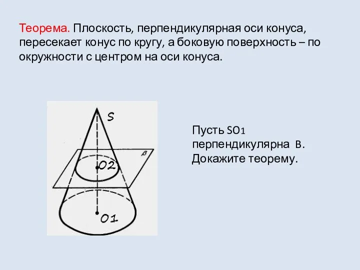 Теорема. Плоскость, перпендикулярная оси конуса, пересекает конус по кругу, а боковую поверхность