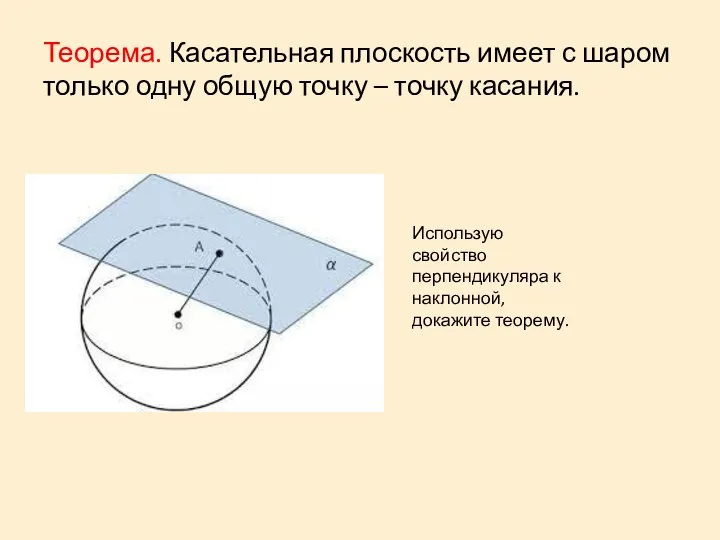 Теорема. Касательная плоскость имеет с шаром только одну общую точку – точку