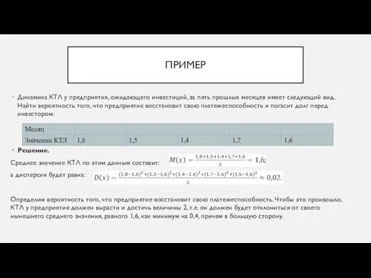 ПРИМЕР Динамика КТЛ у предприятия, ожидающего инвестиций, за пять прошлых месяцев имеет