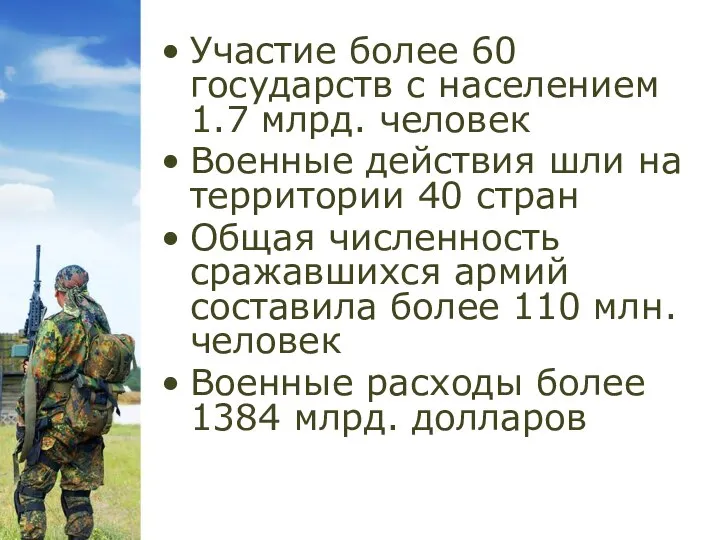 Участие более 60 государств с населением 1.7 млрд. человек Военные действия шли