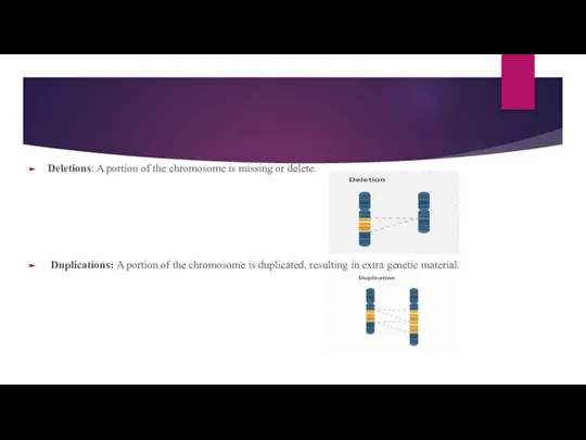 Deletions: A portion of the chromosome is missing or delete. Duplications: A