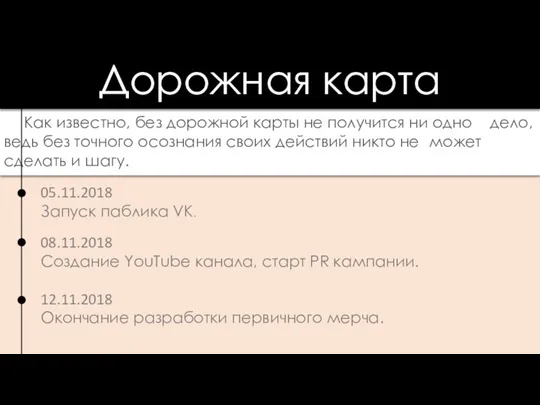 05.11.2018 Запуск паблика VK. 08.11.2018 Создание YouTube канала, старт PR кампании. 12.11.2018