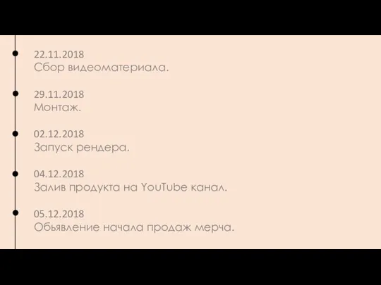 22.11.2018 Сбор видеоматериала. 29.11.2018 Монтаж. 02.12.2018 Запуск рендера. 04.12.2018 Залив продукта на