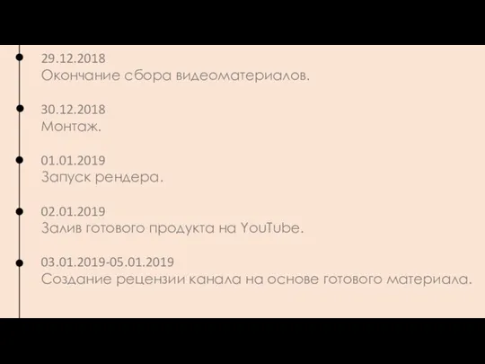 29.12.2018 Окончание сбора видеоматериалов. 30.12.2018 Монтаж. 01.01.2019 Запуск рендера. 02.01.2019 Залив готового