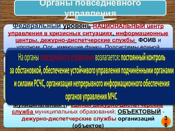 Органы повседневного управления Федеральный уровень-НАЦИОНАЛЬНЫЙ центр управления в кризисных ситуациях, информационные центры,