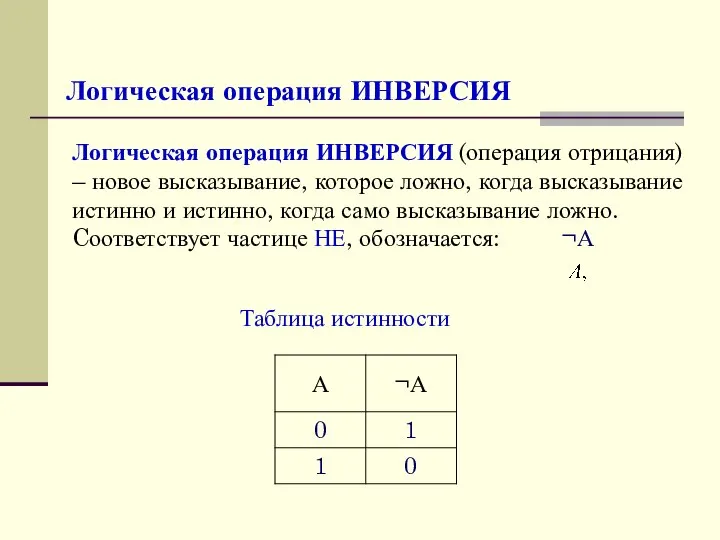 Таблица истинности Логическая операция ИНВЕРСИЯ (операция отрицания) – новое высказывание, которое ложно,