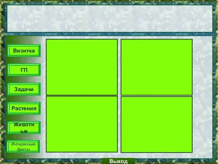 19.03.2019 Выход Визитка ГП Задачи Растения Животные Интересные факты