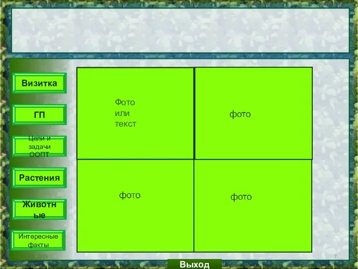 19.03.2019 Выход Визитка ГП Цели и задачи ООПТ Растения Животные Интересные факты Фото или текст