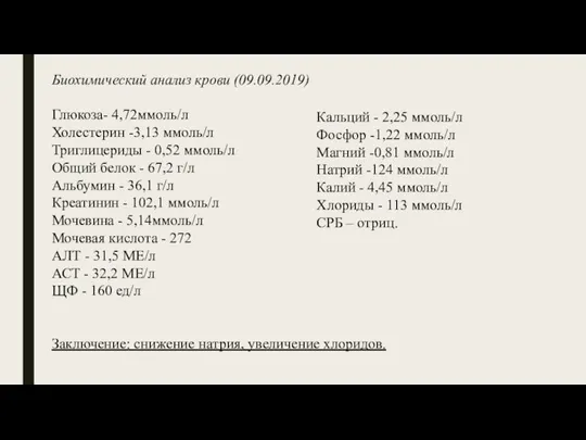 Биохимический анализ крови (09.09.2019) Глюкоза- 4,72ммоль/л Холестерин -3,13 ммоль/л Триглицериды - 0,52