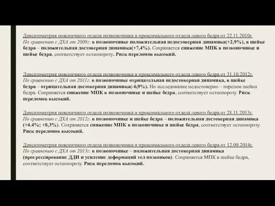 Денситометрия поясничного отдела позвоночника и проксимального отдела левого бедра от 22.11.2010г. По