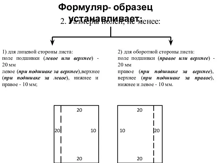 Формуляр- образец устанавливает: 2. Размеры полей, не менее: 1) для лицевой стороны