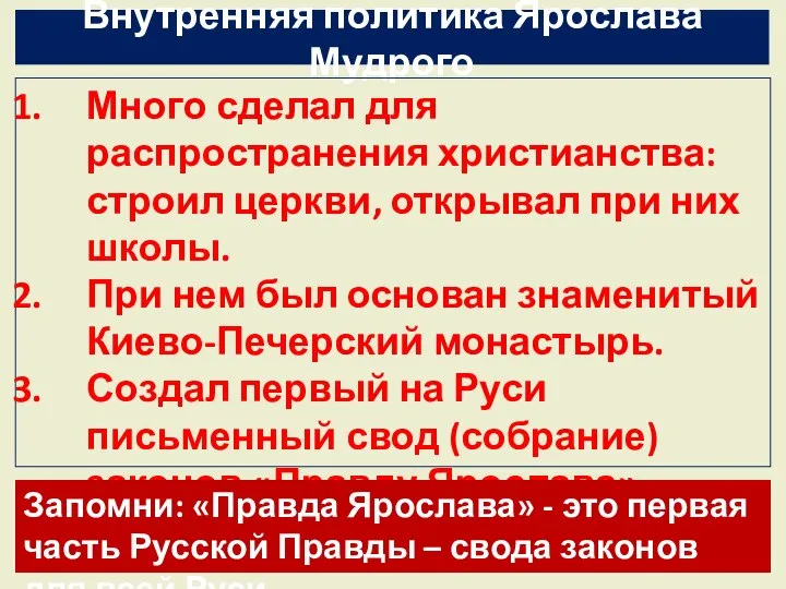 Внутренняя политика Ярослава Мудрого Много сделал для распространения христианства: строил церкви, открывал