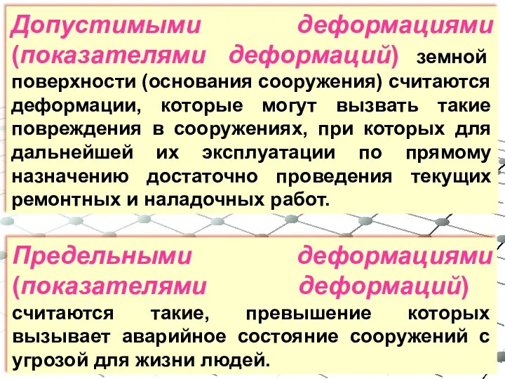 Допустимыми деформациями (показателями деформаций) земной поверхности (основания сооружения) считаются деформации, которые могут