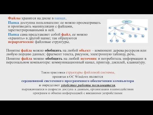 Файлы хранятся на диске в папках. Папка доступна пользователю: ее можно просматривать