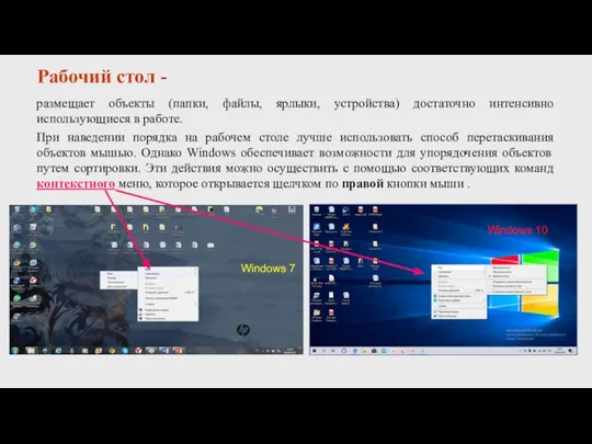 Рабочий стол - размещает объекты (папки, файлы, ярлыки, устройства) достаточно интенсивно использующиеся