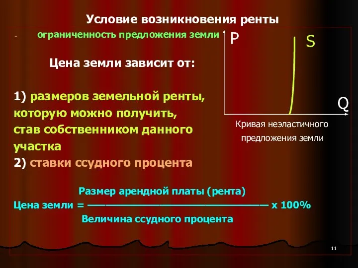 Условие возникновения ренты ограниченность предложения земли Цена земли зависит от: 1) размеров