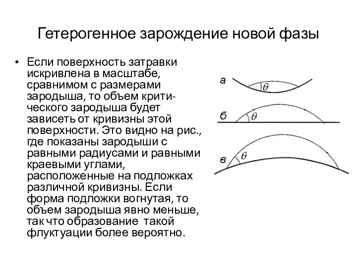 Гетерогенное зарождение новой фазы Если поверхность затравки искривлена в масштабе, сравнимом с