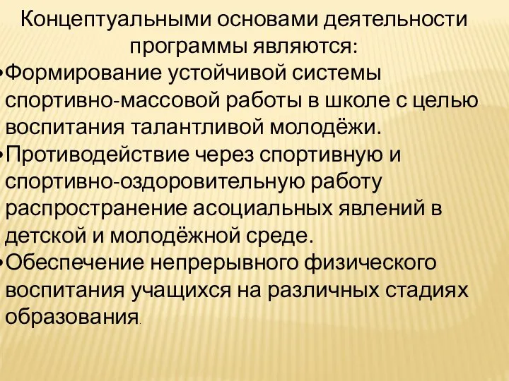 Концептуальными основами деятельности программы являются: Формирование устойчивой системы спортивно-массовой работы в школе