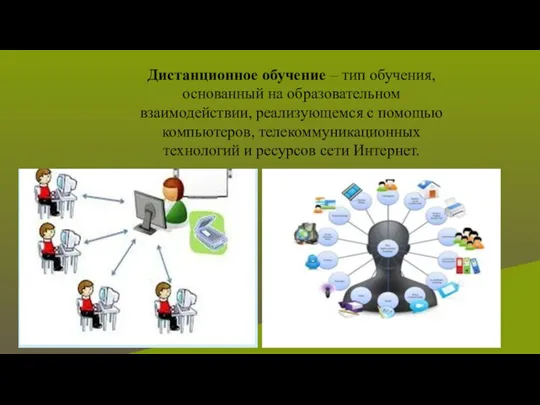 Дистанционное обучение – тип обучения, основанный на образовательном взаимодействии, реализующемся с помощью