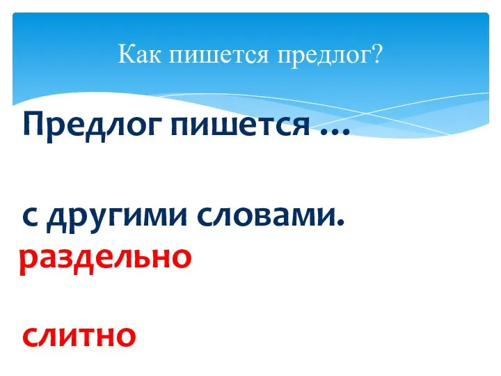 Как пишется предлог? Предлог пишется … с другими словами. раздельно слитно