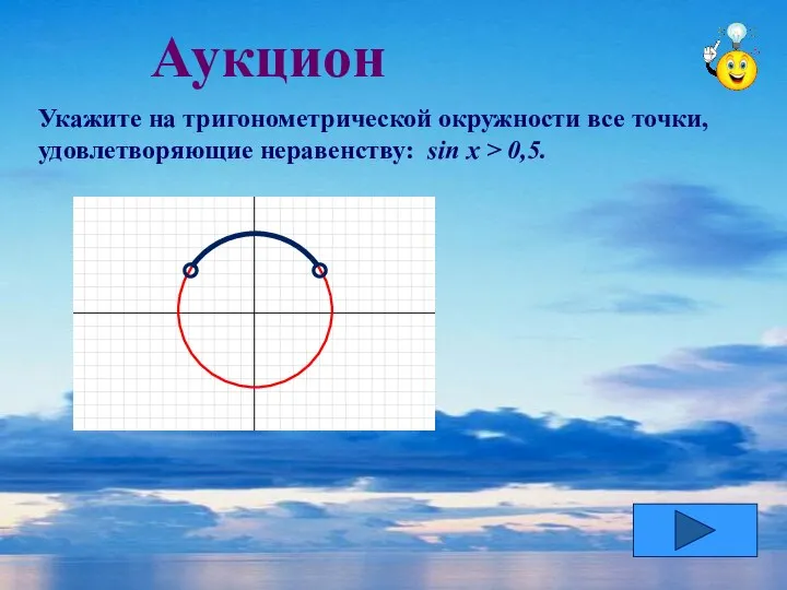 Аукцион Укажите на тригонометрической окружности все точки, удовлетворяющие неравенству: sin x > 0,5.