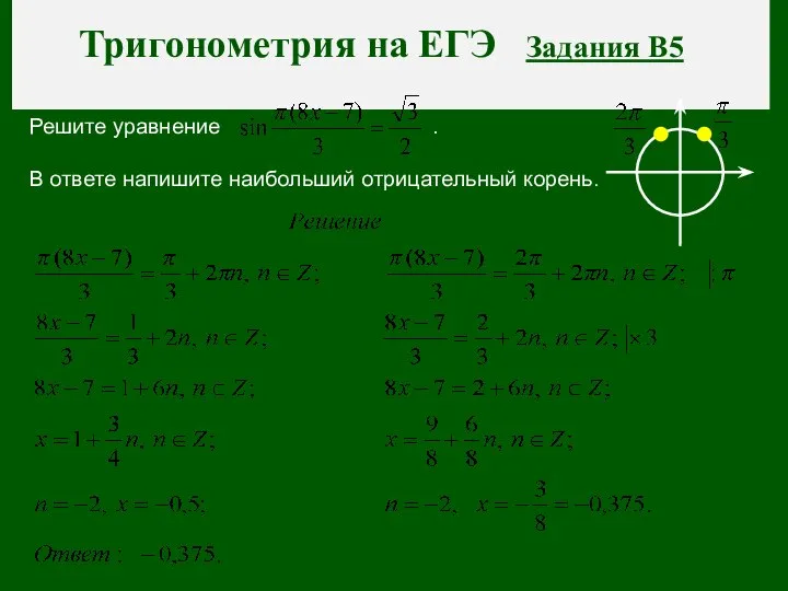 Тригонометрия на ЕГЭ Задания В5 Решите уравнение . В ответе напишите наибольший отрицательный корень.