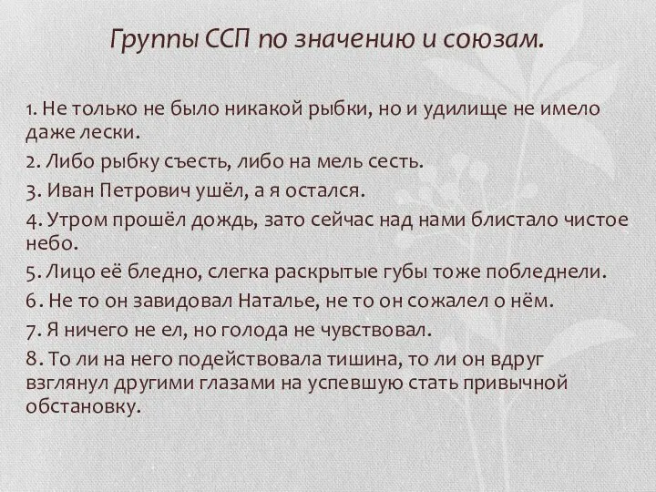 Группы ССП по значению и союзам. 1. Не только не было никакой