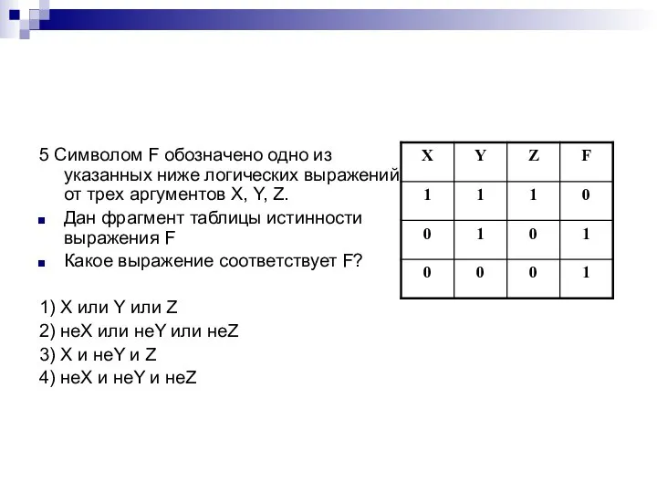 5 Cимволом F обозначено одно из указанных ниже логических выражений от трех