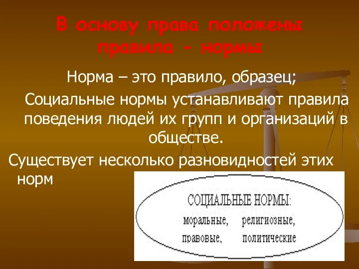 Норма – это правило, образец; Социальные нормы устанавливают правила поведения людей их