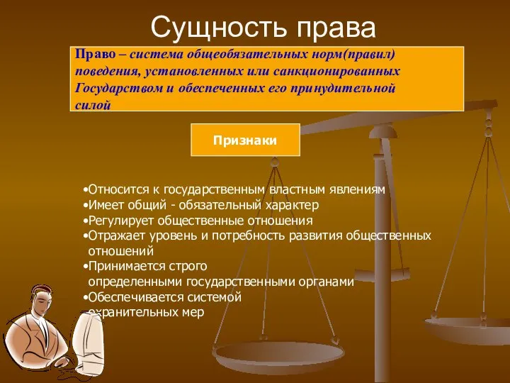 Сущность права Право – система общеобязательных норм(правил) поведения, установленных или санкционированных Государством