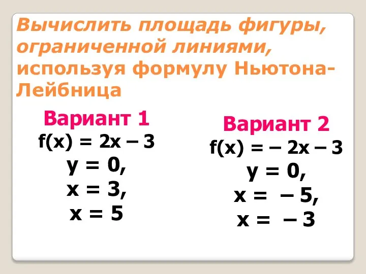 Вычислить площадь фигуры, ограниченной линиями, используя формулу Ньютона-Лейбница Вариант 1 f(x) =