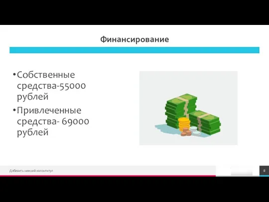 Финансирование Собственные средства-55000 рублей Привлеченные средства- 69000 рублей Добавить нижний колонтитул