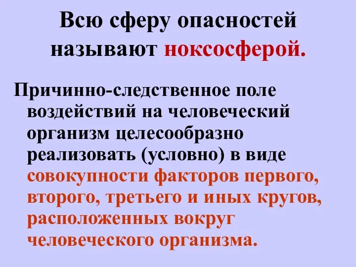 Всю сферу опасностей называют ноксосферой. Причинно-следственное поле воздействий на человеческий организм целесообразно