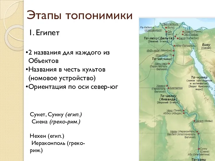 Этапы топонимики 1. Египет 2 названия для каждого из Объектов Названия в