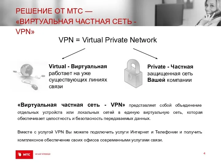 РЕШЕНИЕ ОТ МТС — «ВИРТУАЛЬНАЯ ЧАСТНАЯ СЕТЬ - VPN» VPN = Virtual