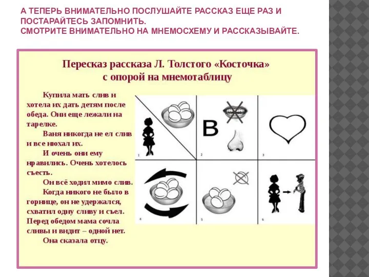 А ТЕПЕРЬ ВНИМАТЕЛЬНО ПОСЛУШАЙТЕ РАССКАЗ ЕЩЕ РАЗ И ПОСТАРАЙТЕСЬ ЗАПОМНИТЬ. СМОТРИТЕ ВНИМАТЕЛЬНО НА МНЕМОСХЕМУ И РАССКАЗЫВАЙТЕ.