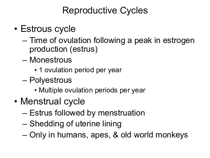 Reproductive Cycles Estrous cycle Time of ovulation following a peak in estrogen