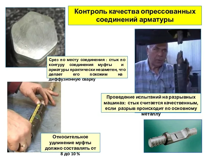 Контроль качества опрессованных соединений арматуры Проведение испытаний на разрывных машинах: стык считается