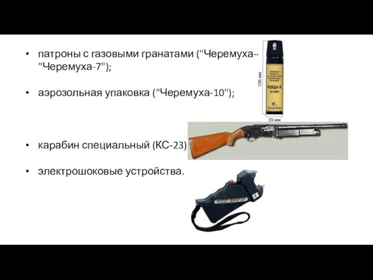 патроны с газовыми гранатами ("Черемуха-4", "Черемуха-7"); аэрозольная упаковка ("Черемуха-10"); карабин специальный (КС-23); электрошоковые устройства.