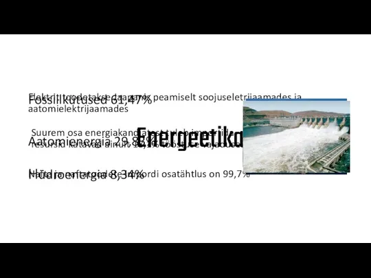 Energeetika Elektrit toodetakse Jaapanis peamiselt soojuseletrijaamades ja aatomielektrijaamades Suurem osa energiakandjatest tuleb